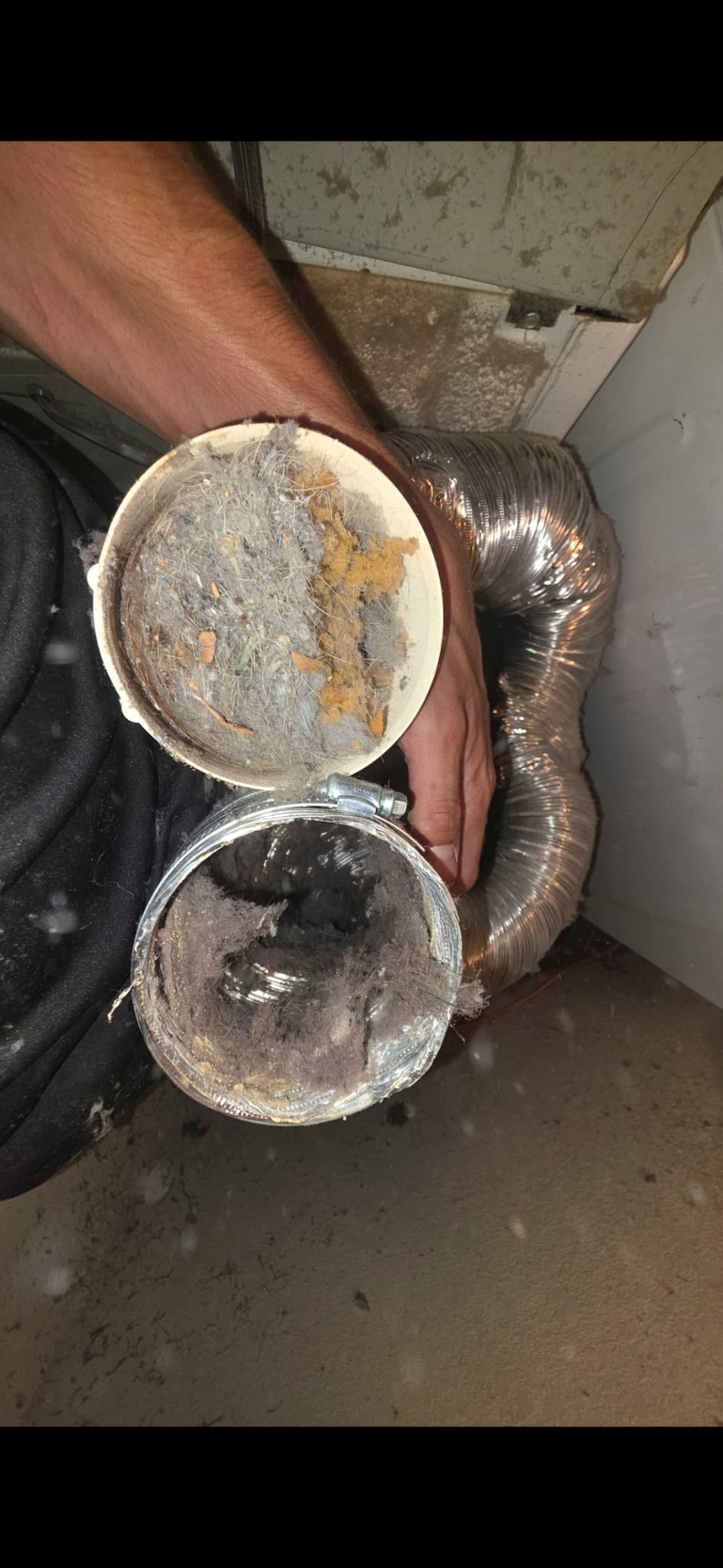 Dryer vent transition ducts packed solid with lint